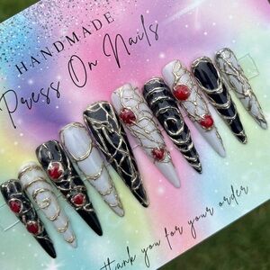 3XL stiletto press on nails black gothic gray red 3D gel handmade